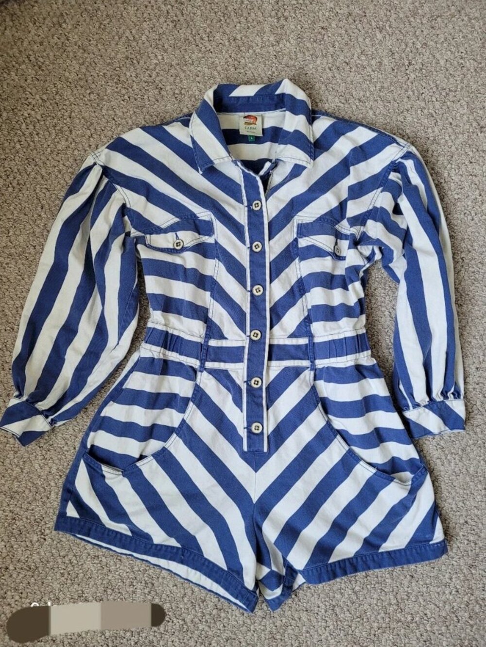 Farm Rio Cotton Blue White Striped Romper Long Sleeves size L - Picture 4 of 7